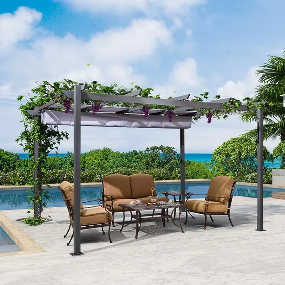 Heavy Duty Aluminum Pergola Gazebo Brown Beige Courtyard Canopy Outdoor Villa Garden Pavilion Patio Shade Tent