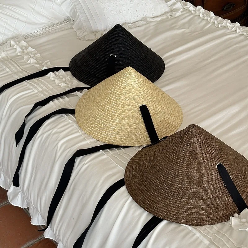 Vintage Conical Straw Hat with Long Black Ribbon Tie Sun Hat for Women French Elegance Beach Holiday Panama Sombrero Bucket hat