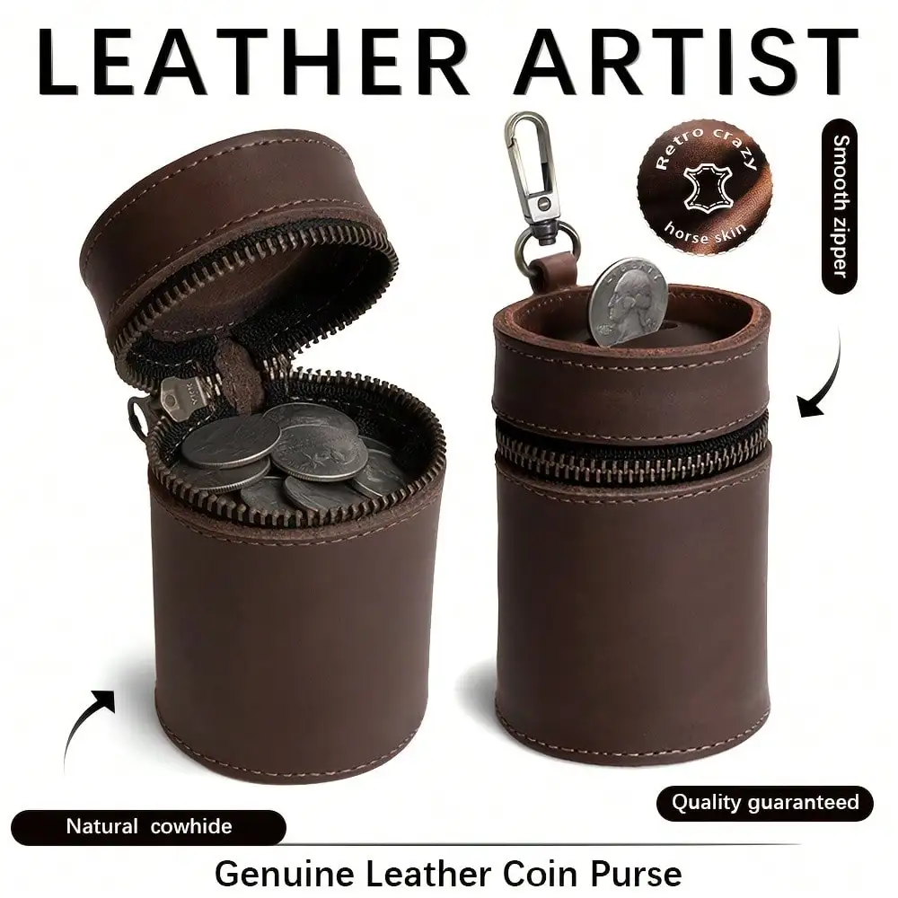 Handmade piggy bank made of top-grain cowhide leather, fits into car cup holders, coin purse, coin storage box, money clip,