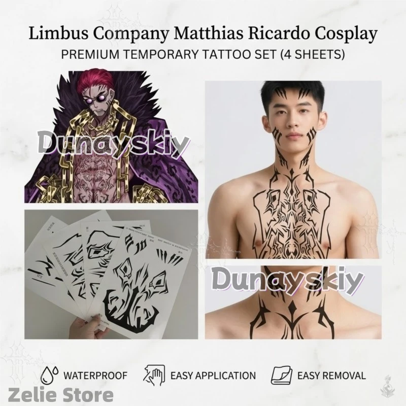 Limbus Company Tattoo Stickers Custom Matthias Ricardo Cosplay Temporary Face And Body Transfer Stickers For Comic Con Game cos view 2