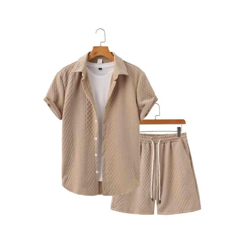 Men's Textured 2 Piece Outfit Short Sleeve Shirt and Drawstring Shorts Set view 4