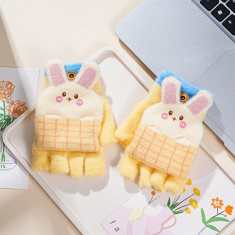 

Перчатки с кроликом и откидными пальцами для детей 5-14 лет, теплые варежки с половиной пальца для мальчиков и девочек, милые зимние перчатки с мультяшным сенсорным экраном