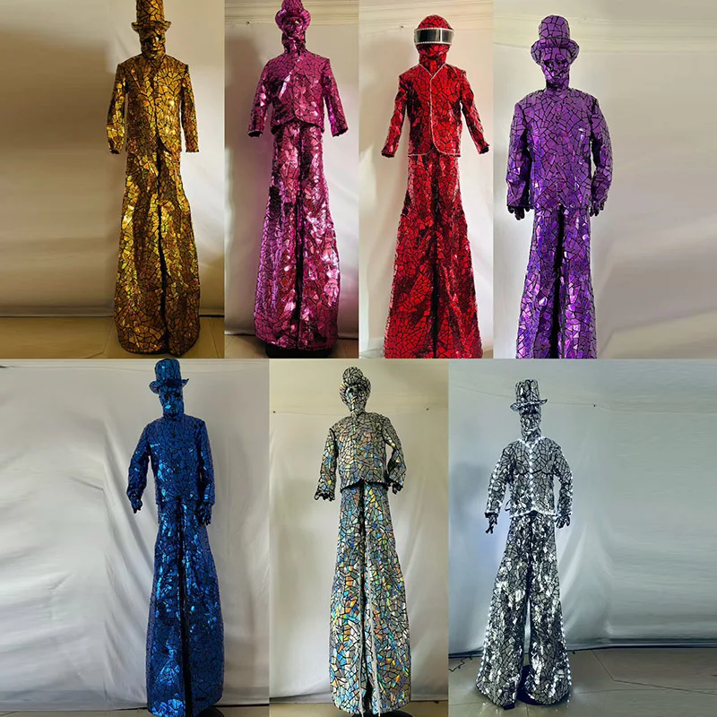 Silvery LED Stilts Walker Robot Costume Shiny Mirror Sequin Fabric Suits for Stage Performance Show Entertainment Cosplay
