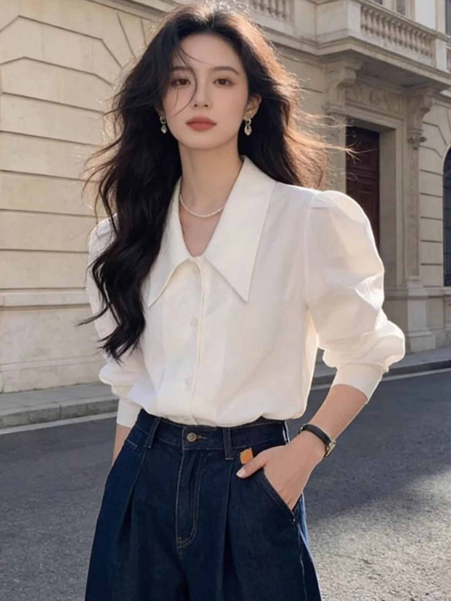 White Bubble Sleeve Shirt Women's High-End Versatile Top Korean Style Loose Fit Long Sleeve Commute Fashion High Waist Design