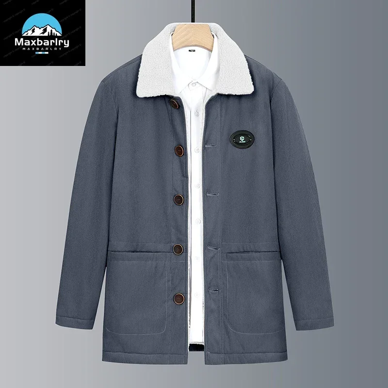 Jacket For Men's  Lamb Fur Collar Solid Color Fashion Urban All-match Plush Corduroy Jacket Thickened Warm Men's Clothing Winter