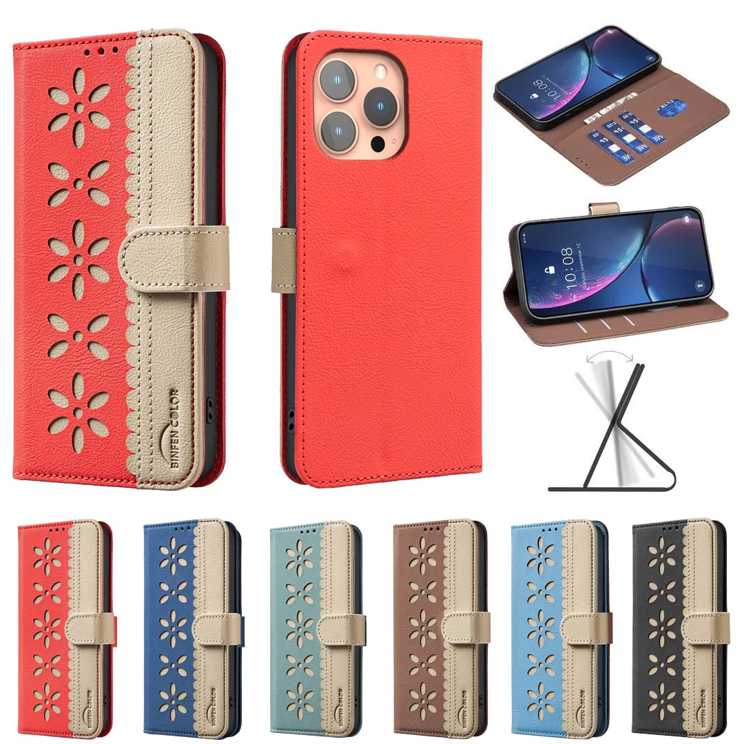 Flip Leather Wallet Flower Case for IPhone 16 Pro Max 16E RFID Blocking 15 14 13 12 11 Xs Xr Stand Card Solt Bag Book Lace Cover