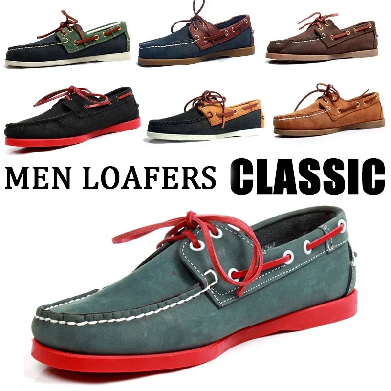 

Fashion Men's Genuine Leather Boat Shoes Casual Loafers For Men Women Driving Shoes Wine Red Lace up Fisherman