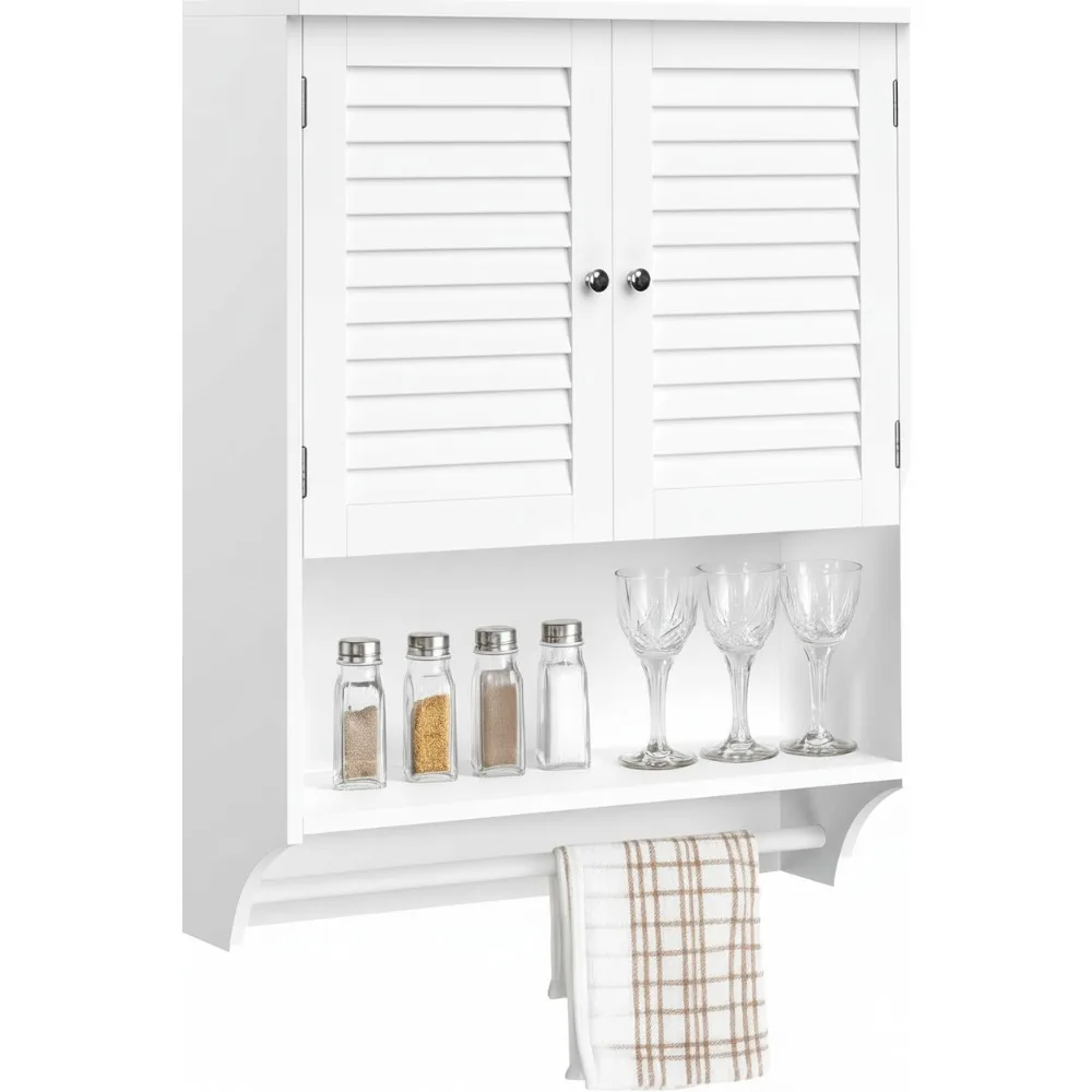 Стильный белый настенный шкаф для ванной комнаты с жалюзи, вешалкой для полотенец и регулируемыми полками для небольших домов