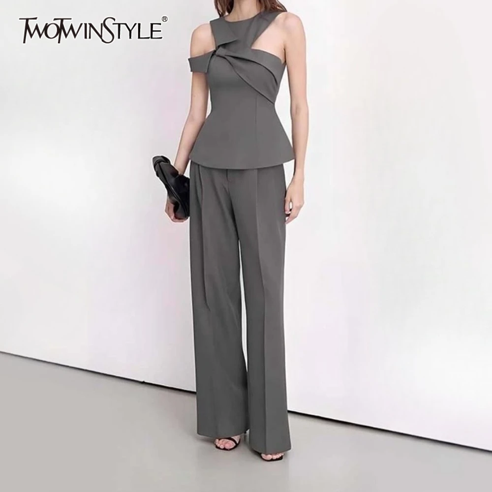 

TWOTWINSTYLE Solid Slimming Two Piece Set for Women Round Neck Short Sleeve Irregular Top High Waist Pant Elegant Set Female New