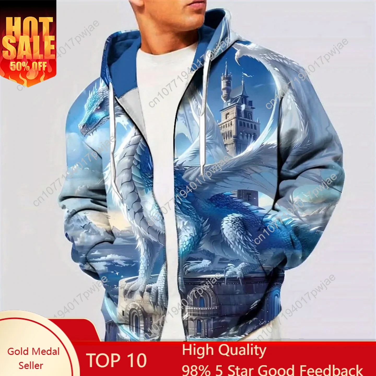 Felpa con cappuccio da uomo con stampa drago fantasy 1 pezzo, giacca casual in poliestere con leggermente elasticizzato, tessuto lavorato a maglia con motivo animale, colletto con cappuccio, Z