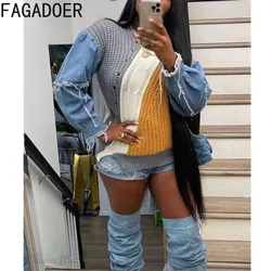 FAGADOER Autumn New Fashion Knitted Sweater Stitching Denim Pullover Women Round Neck Long Sleeve Loose Tops Female Streetwear