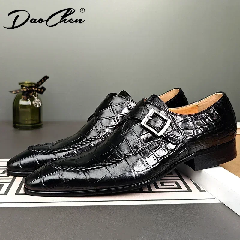 Luxury Men Shoes Slip-On Black Crocodile Print Woven Pattern Loafers Mens Dress Shoes Wedding Office Leather Shoes Men