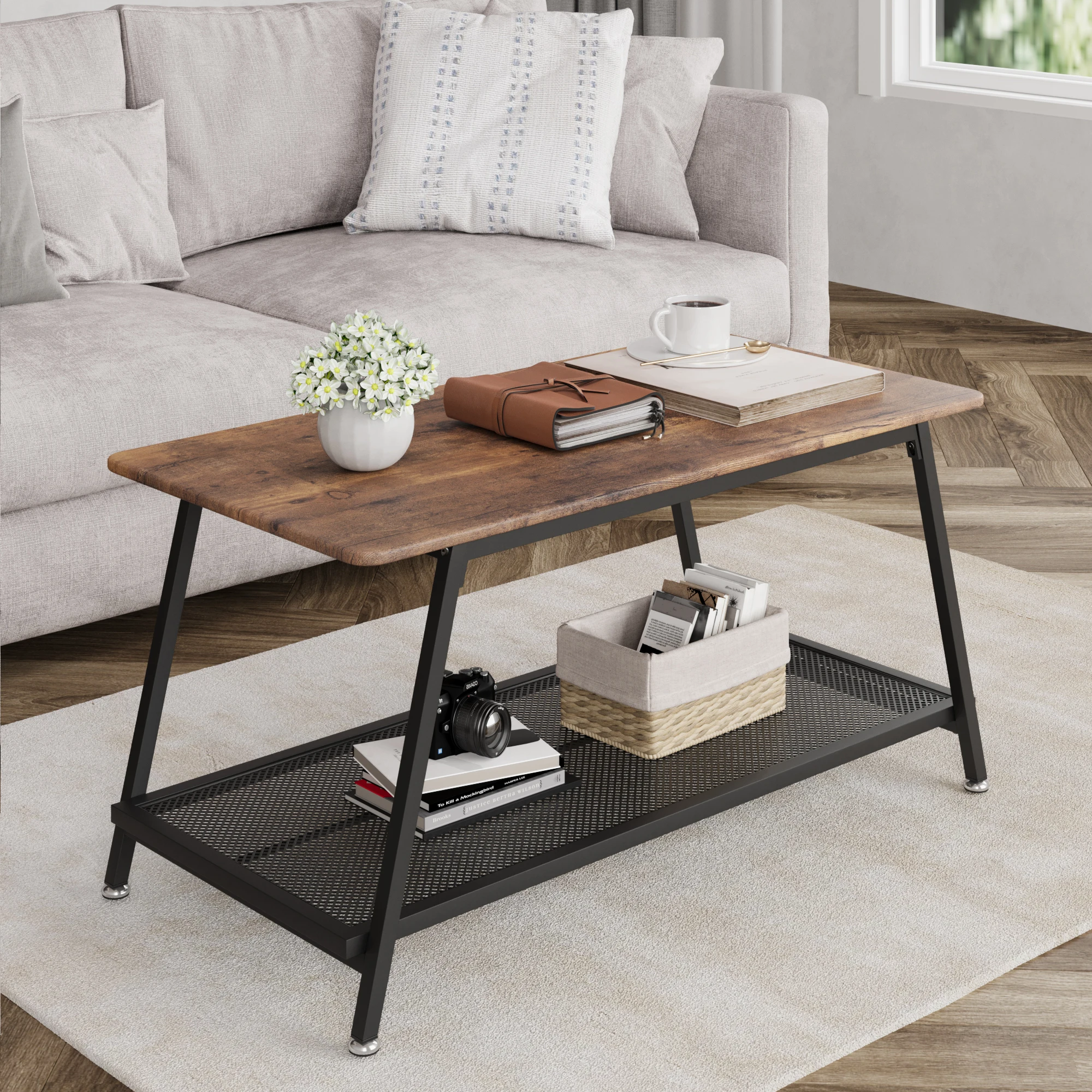 Coffee Table Industrial Center Table 2-Tier Living Room with Mesh Shelf Rectangle Wood Cocktail Table Metal Frame, Easy to Assemble, Rustic Brown
