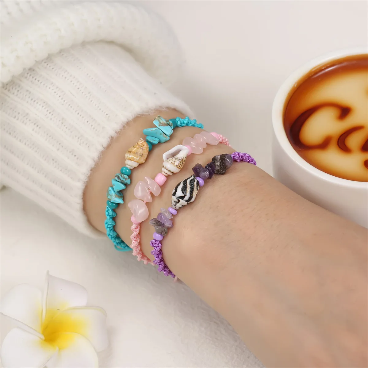 12pcs/card Natural crushed stone conch Woven Bracelet Adjustable twist string Lucky Friendship Bracelet