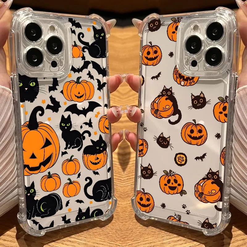

Happy Halloween Cat Pumpkin Bat Phone Case Clear For iPhone 17 16 14 15 11 12 13 Pro Max 16E 16 Plus 17Air Soft Shockproof Cover