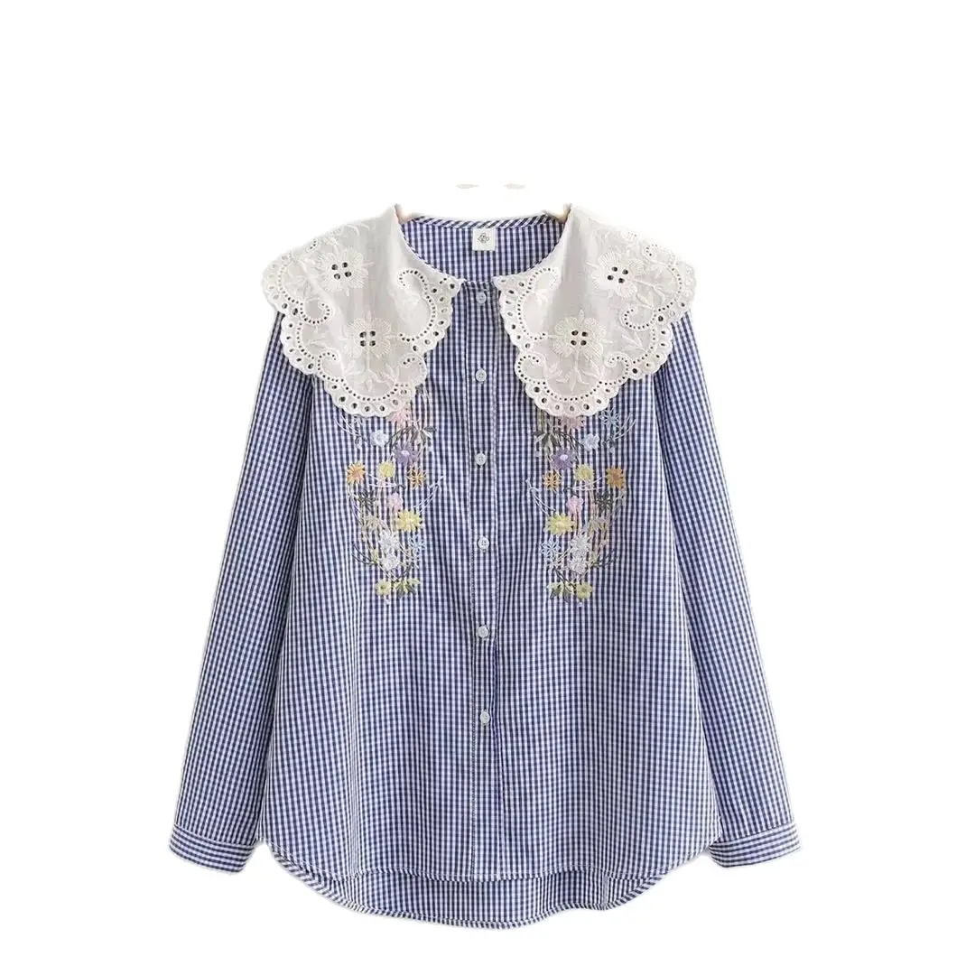 New Autumn Cotton Embroidery Shirts Women Peter Pan Collar Lace Tops Girl Long Sleeve Loose Blouses Sweet Cute Spring T39279QC