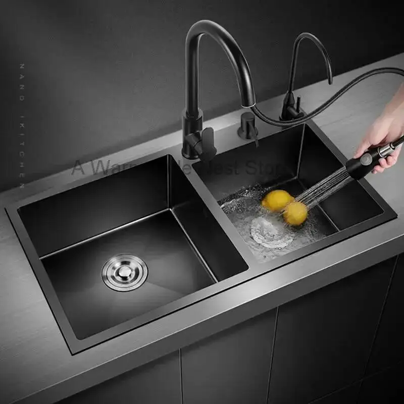 German Double-slot Kitchen Sink for Balcony Black Stainless Steel Large Capacity Sinks Creative Kitchen Sinks for Bar Counter