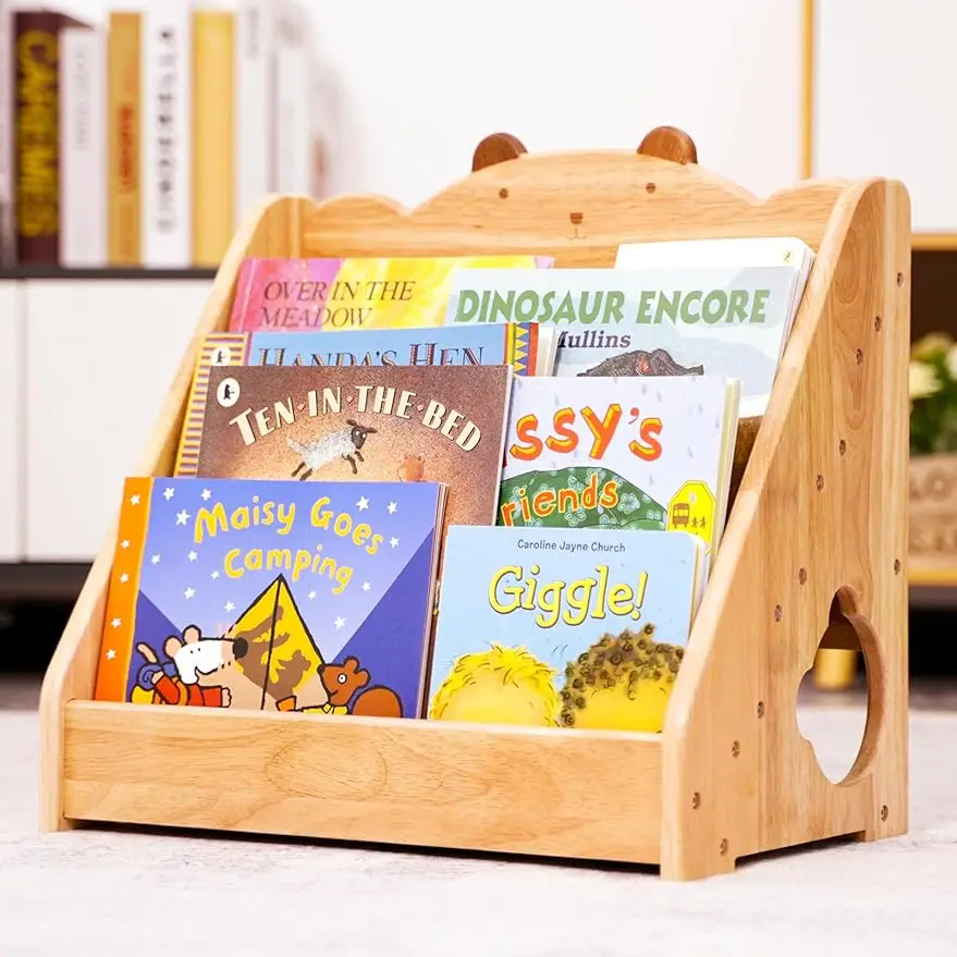 

Montessori Bookshelf for Kids, Natural Wood Bookcase with Chalkboard & Storage, Kids Magazine Rack Book Display Organize