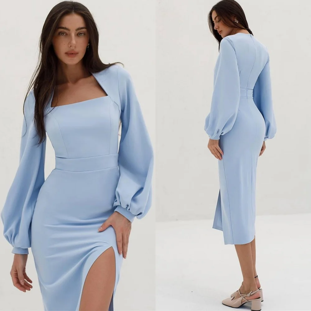 Robe de soirée en Jersey bleu moderne personnalisée, sans bretelles, manches longues, robes de célébrité, fermeture éclair au dos, robes de soirée