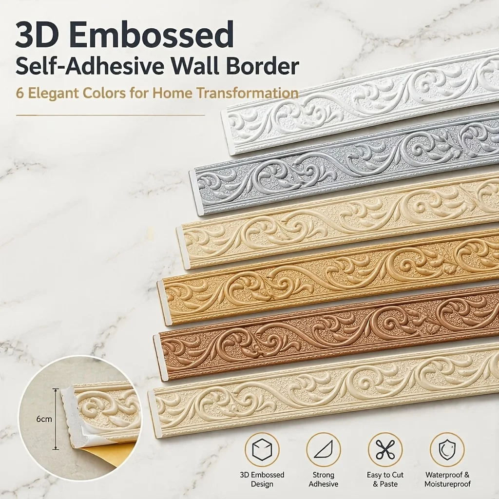 3D Embossed Self-Adhesive Wall Border Trim, Waterproof Easy-Cut Molding, 6 Colors for Room, TV Wall & Skirting Decor