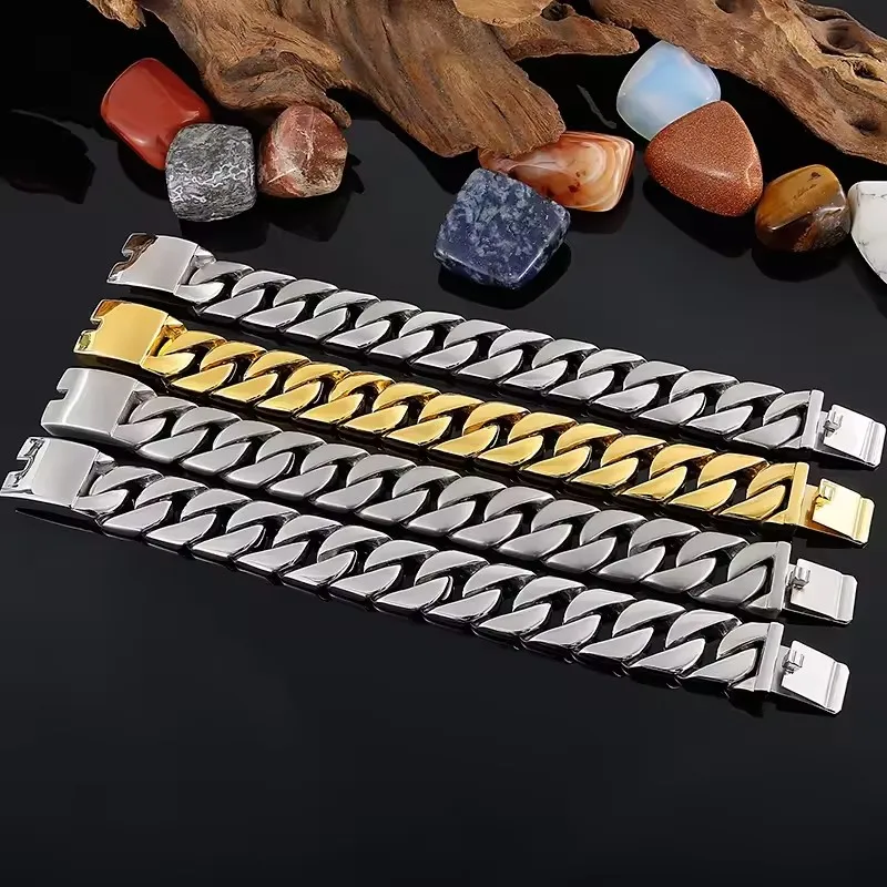

20 мм тяжелый панк 18-каратного золота, кубинский браслет-цепочка для мужчин и женщин, хип-хоп, ретро, черный, из нержавеющей стали, байкерский велосипедный браслет, ювелирные изделия
