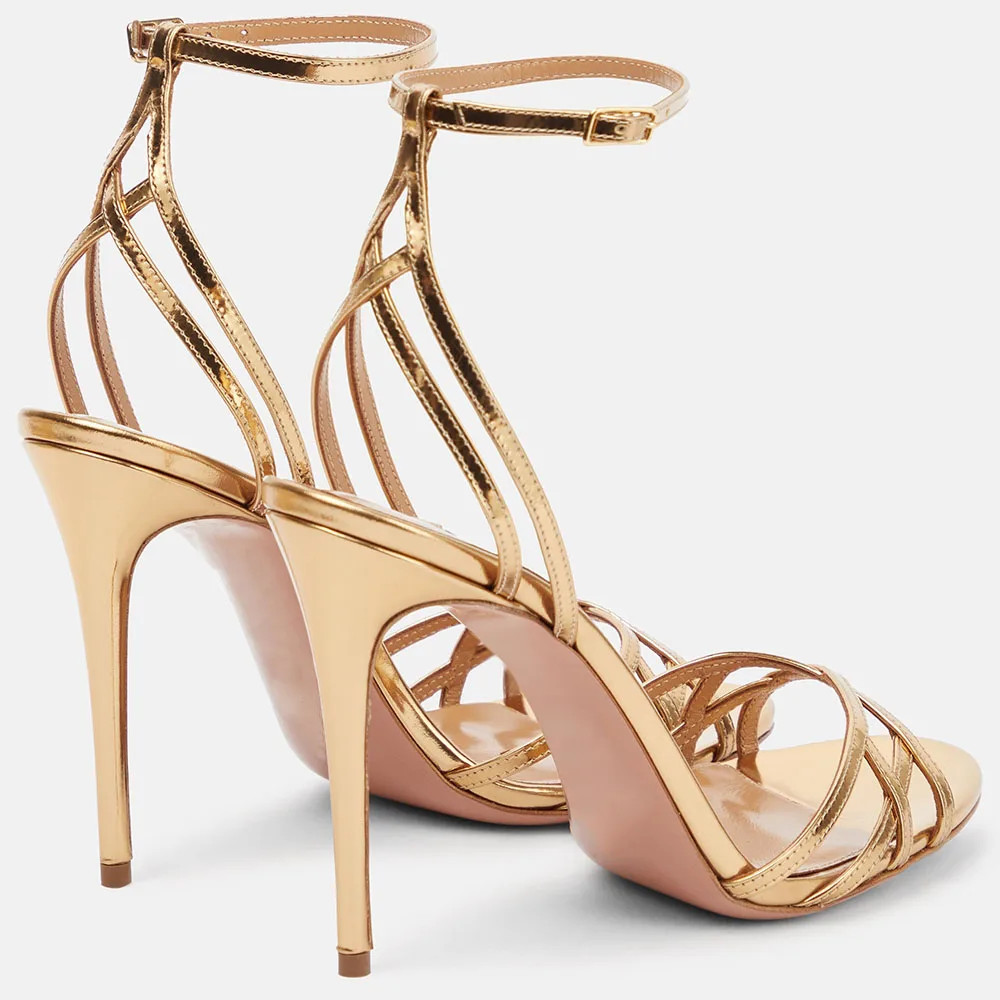 Gold Strappy Summer Sandals for Women 2023 New Round Open Toe Stilettos Party High Heels Ladies Elegant Ankle Strap Large Size