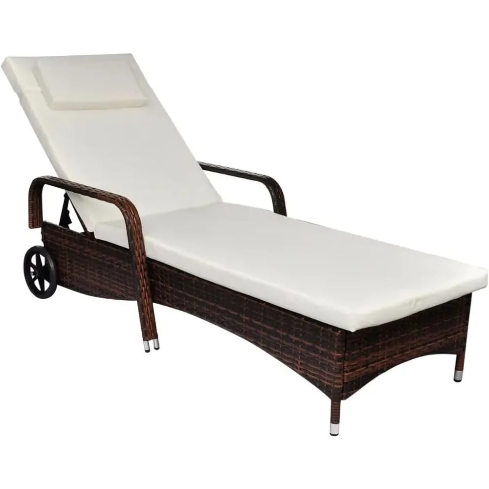 

Sun Lounger with Cushion & Wheels Poly Rattan Brown 1Ps 19.7"-Armrest Height Powder-Coated Steel-Frame Material