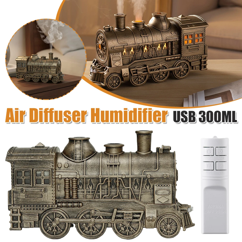 

300ML Remote-Controlled Humidifier 2-Color LED 2 Mist Modes Auto Shut-Off Aromatherapy Vintage Train Aromatherapy Diffuser