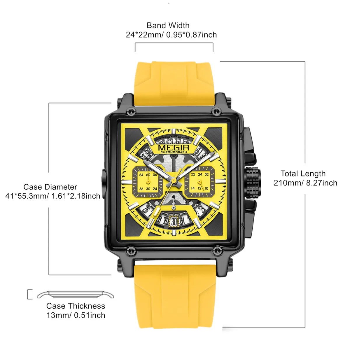 남성용 MEGIR 스포츠 시계 방수 석영 군용 손목 시계 스퀘어 다이얼 남성 크로노 그래프 시계 24 시간 Reloj Hombre 2233