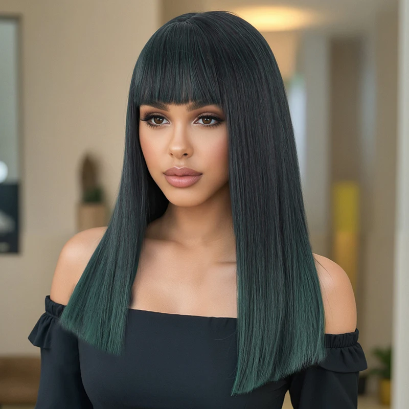 Women's Black Gradient Dark Green Synthetic Wig