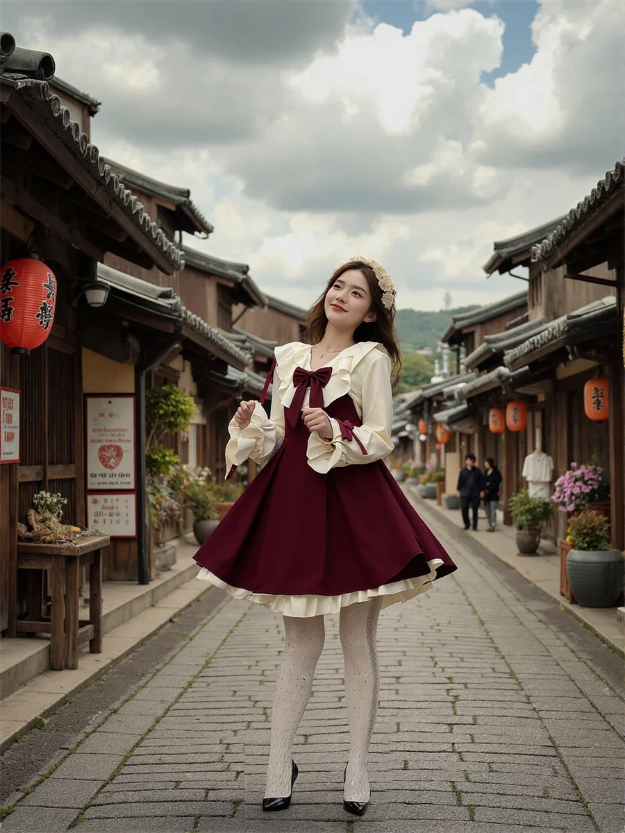 فساتين نسائية Y2K عتيقة 2000S ثوب حفلة فيونكة شبابية مخملية عنابي فستان ثقوب العطلات مجوفة مجوفة