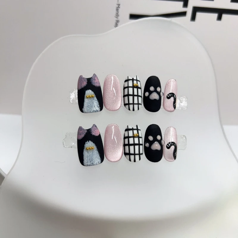 

10Pcs Handmade Cartoon Nails Adorabl Cool Kittens in A Sweet Garden Design Fashionable Press-On Nails Perfect for Gift To Girls