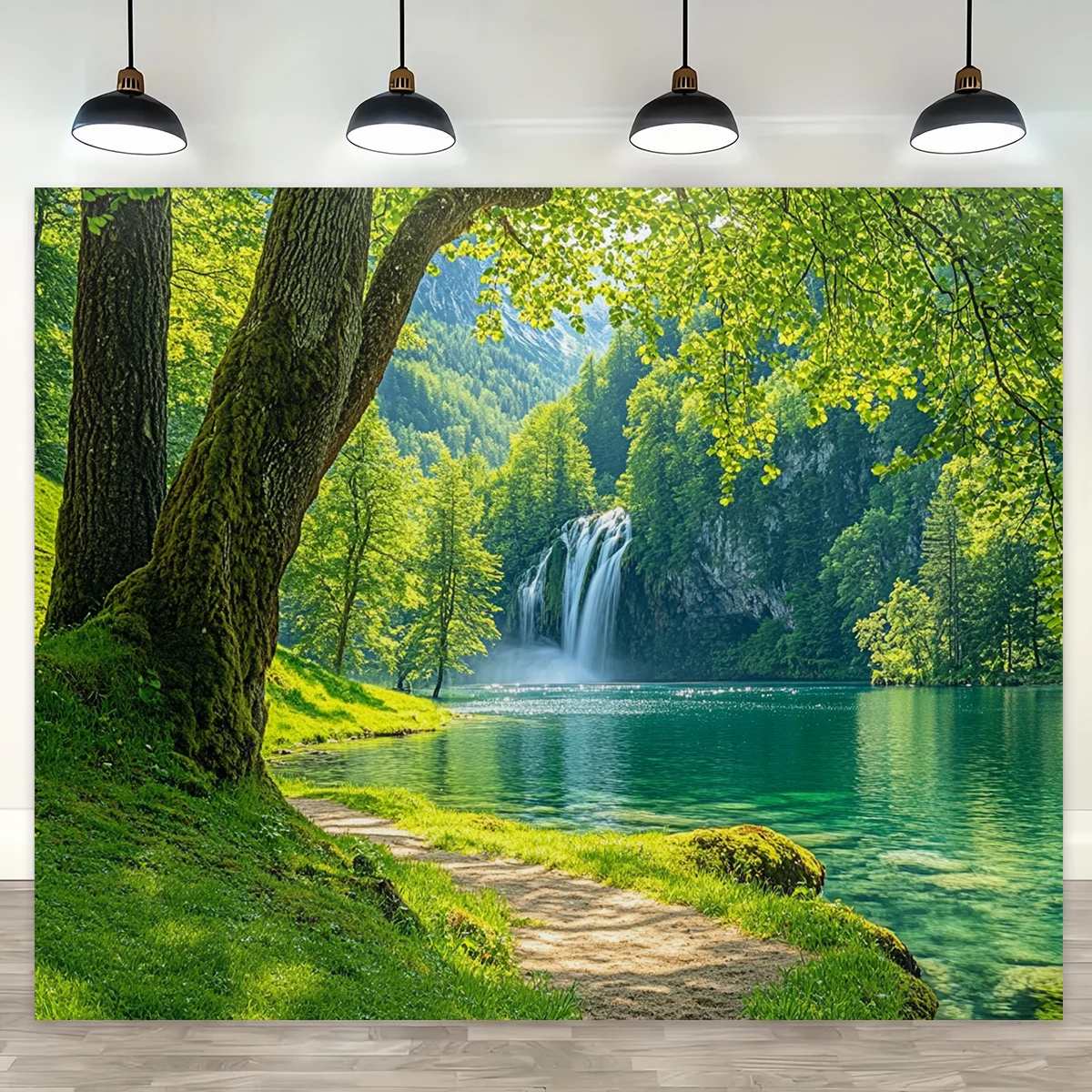 2D Flat Forest Waterfall Landscape Tapestry Green Trees Lake Nature Scenery Wall Hanging Living Room Bedroom Decoration