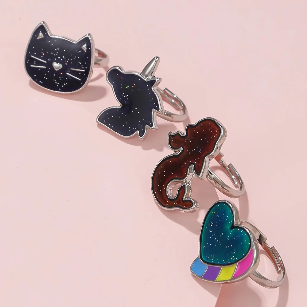 4Pcs/set Girls Mood Colour Changing Unicorn Mermaid Cat Love Ring Set for Daughter Sisters Best Friend Gifts