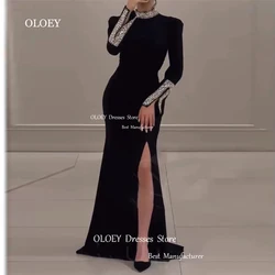 OLOEY Glittery Cryatal Black Mermaid Evening Dresses High Slit Long Sleeves Prom Dresses Wedding Party Gowns Floor Length Custom