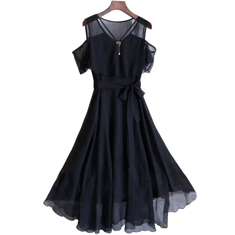 Summer Women's Chiffon Sexy Slim Black Midi Dress Lady Graceful Off-Shoulder Short Sleeve Dresses 2025 Fashion Clothing Female