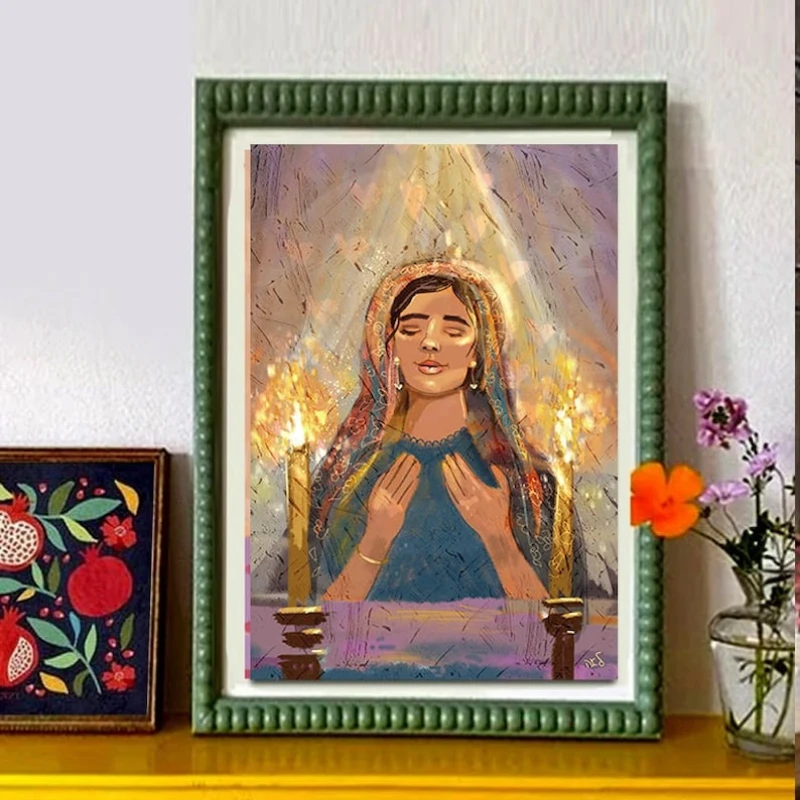 Woman Praying with Candle  Wall Art Israeli Artist Jewish Art Matte Poster Gift Passover Shabbat Candle Jewish Poster
