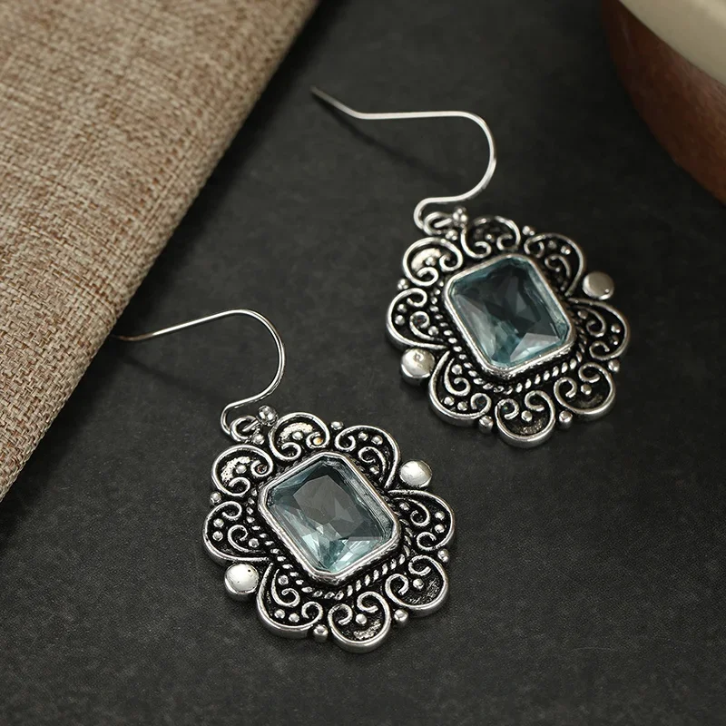 Women's Vintage Square Zircon Dangle Earrings Surrounded By Curly Carved Borders Silver Plated Earrings Exotic Style Jewelry
