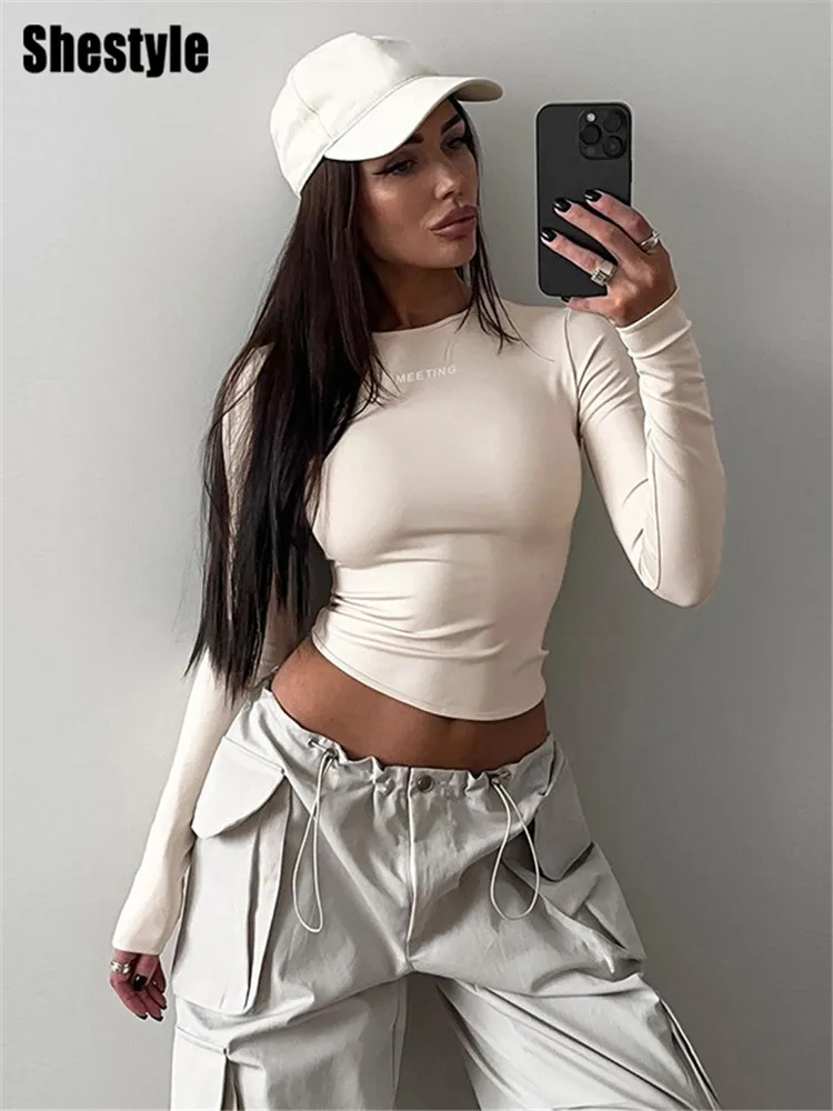 

Shestyle Streetwear Jazz Dance Crop Tops Women Crew Neck Tight Slim Letter Full Sleeve Spring 2025 Basic T-Shirt Fashionable