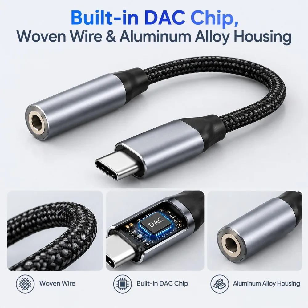 2PCS Portable Type-c To 3.5mm Headphone Adapter HiFi Sound Quality Built-in DAC Chip 3.5mm Female Jack Converter Noise Reduction