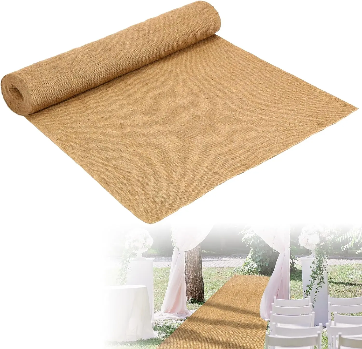 Jute-Hochzeits-Gangläufer mit Fransenrand, Zeremonie, Runway-Teppichrolle für drinnen und draußen, Hochzeit, Party, Brautparty – Detail 1