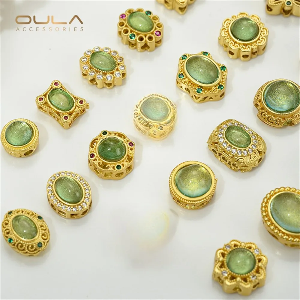 

Copper Plated Matte Gold Inlaid with Imitation Natural Grape Stone Cat's Eye Olive Green Porous Partition Beads Diy Accessories