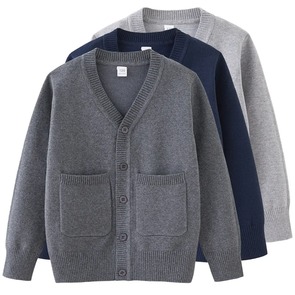 Baby Sweater Fashion Cotton Autumn Teenage Girls Knitwear Tops Children Boys V-neck Knit Coats with Two Pockets Grey Clothes 12T