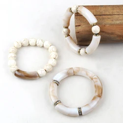 Fashion Beaded Bracelet Big Elbow Acrylic Pipe 12mm Stone 3pc Stack Bracelets Set For Women Jewelry Gift