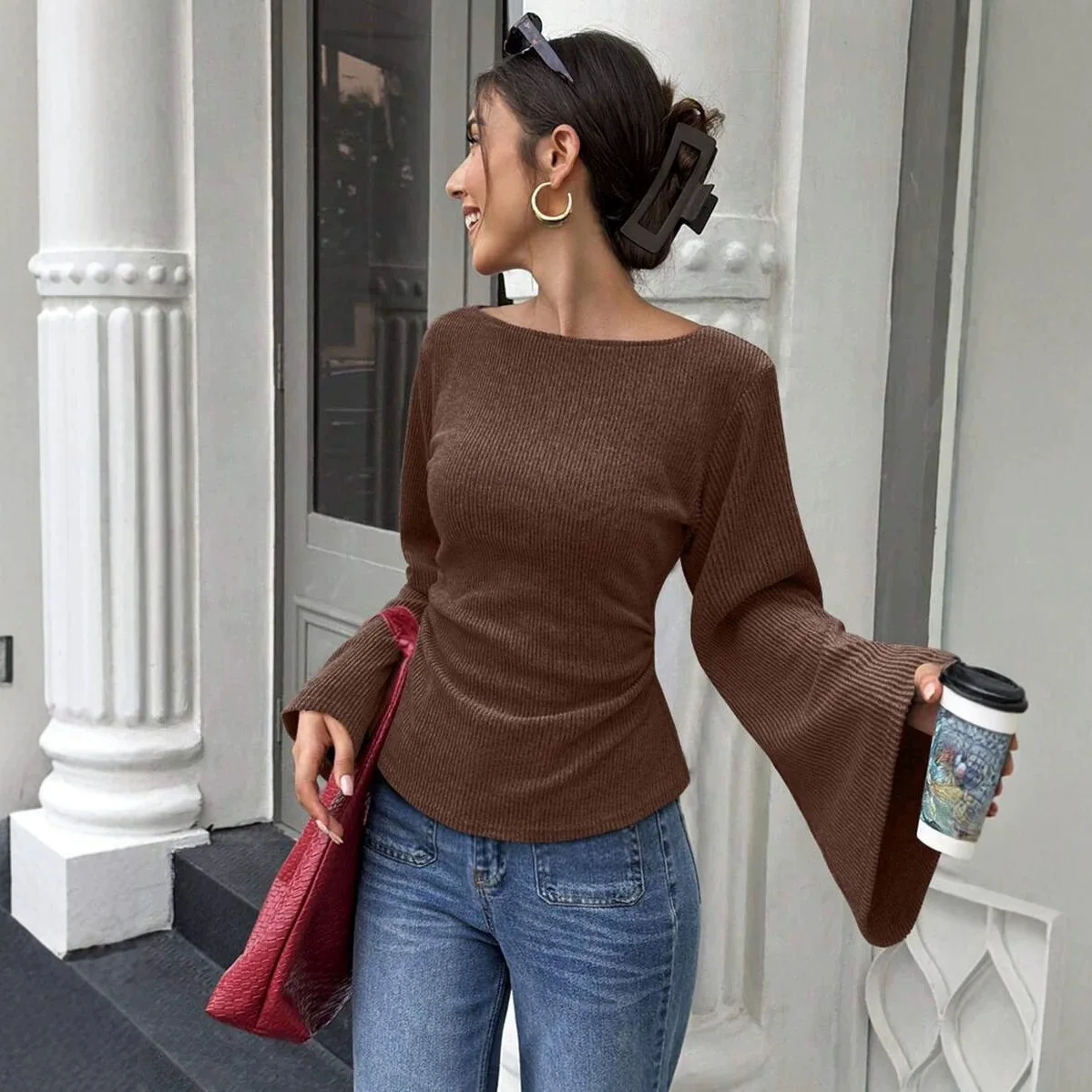 2026 New Women's Circular Neck Random Waist-cinching Pullover Ribbed Brushed Long-sleeve T-shirt Bandage Prom Vestidos