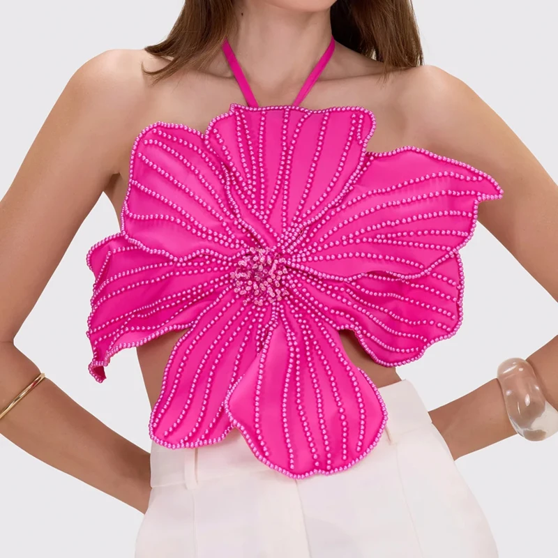 Women's Summer 3D Textured Floral Petal Design Vest Y2k Pearl Beading Camisoles Lace-up Halter Neck Tied Backless Shirts