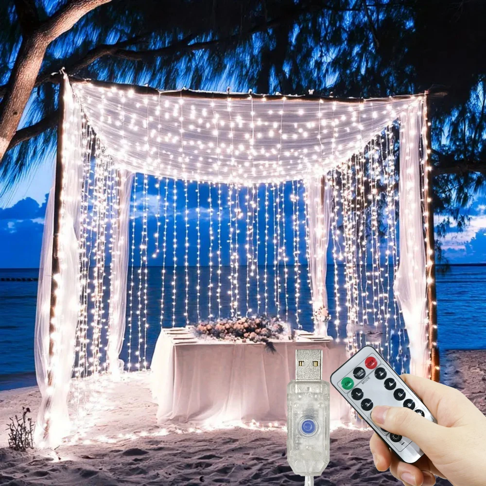 1pc 6x3/3x3/3x2/3x1m USB LED Curtain String Lights Bedroom Christmas Garland Fairy Lamp Wedding Party Home Decoration Lighting