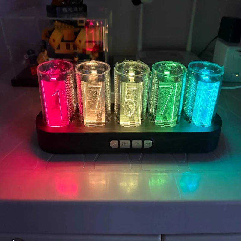 RGB Gaming Desktop Tech Decor LED Nixie Tube Clock Digital Display Creative Ornament for PC Setup Modern Geek Office Table Clock
