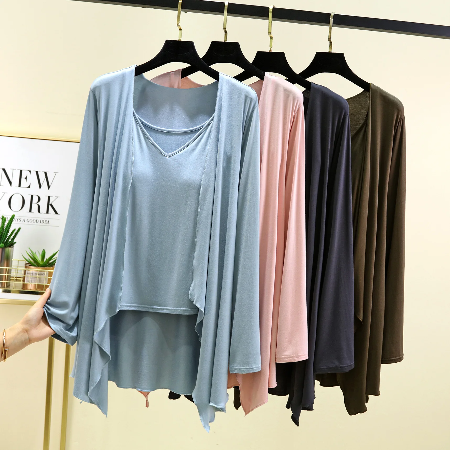 Modalny dekolt w szpic Spaghetti Strap Camis i długi rękaw kardigan letni cienki Plus size odzież przeciwsłoneczna Solid color 2pcs set