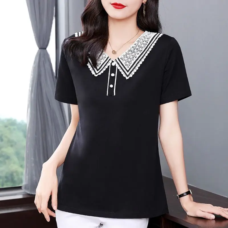 Women's Summer Clothes Peter Pan Collar Short Sleeve Top Office Lady Lace Splicing Button Black Versatile Loose Pullover T-Shirt